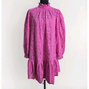 J. Crew Ruffleneck Lace Womens Dress Sz M  Pink Feminine Puff Long Sleeve Barbie
